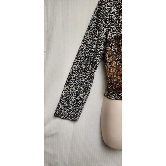Pleat Pleat By Rafael Leopard Print 3/4 Sleeve Front Tie Crop Blouse Size Large - Picture 6 of 7